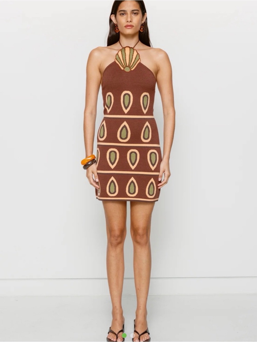 Brown Halter Knit Mini Dress with Geometric Motif